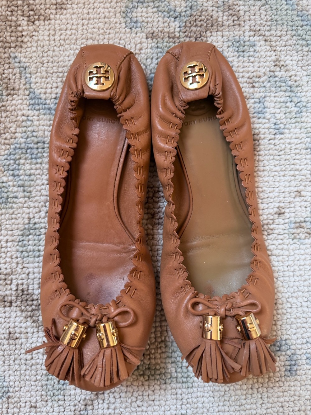 Tory Burch Cognac Leather Tassel Ballet Flats with Gold Logo